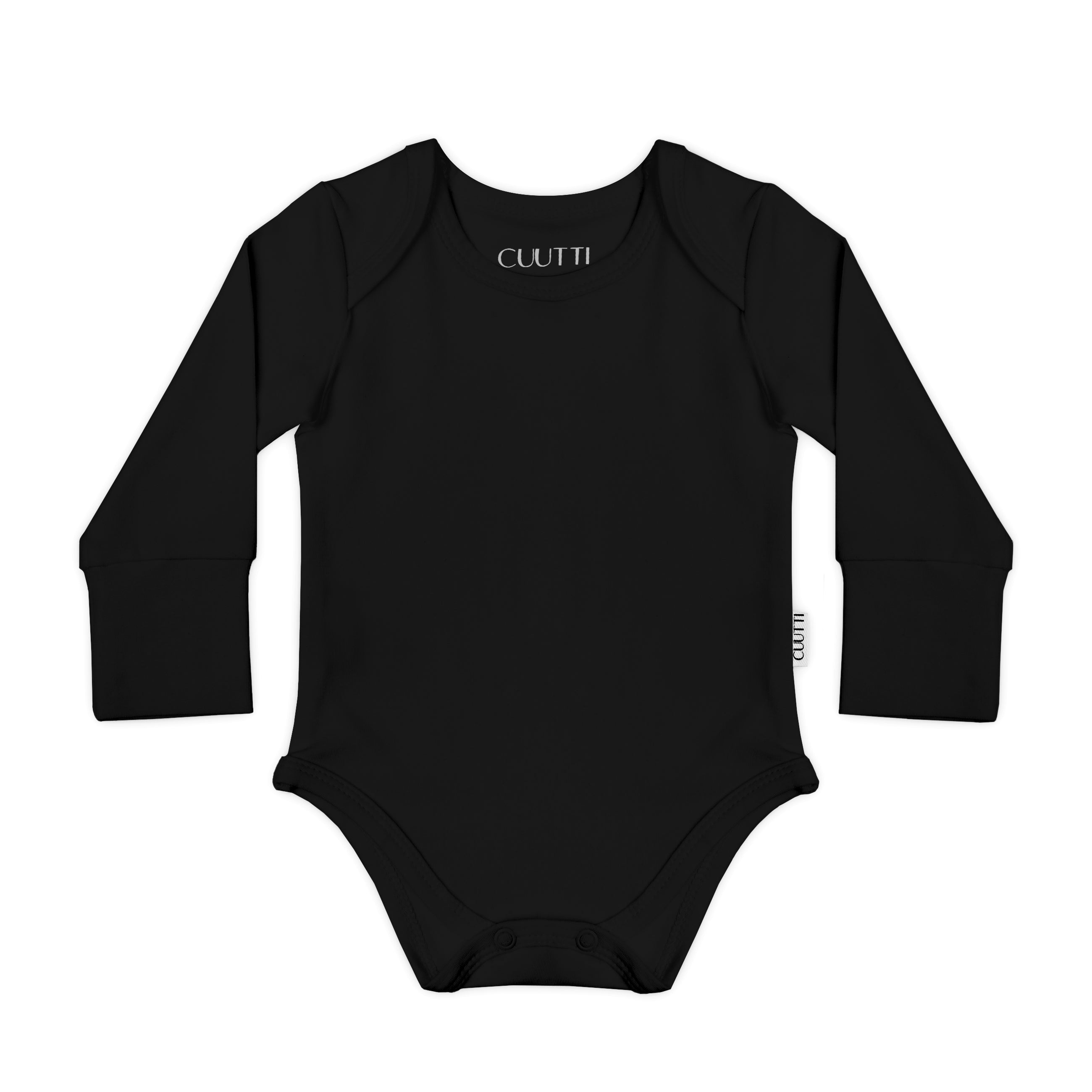 #color_black CUUTTI baby long sleeve bodysuit in black color on a white background.