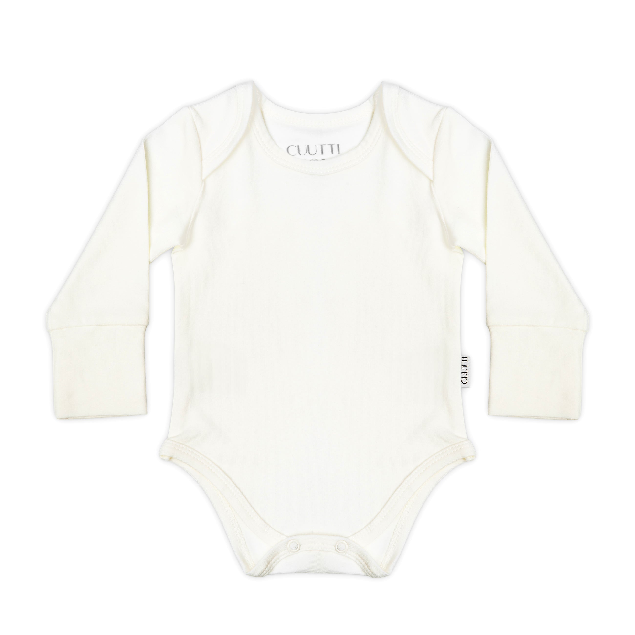 #color_ivory CUUTTI baby long sleeve bodysuit in ivory color on a white background.