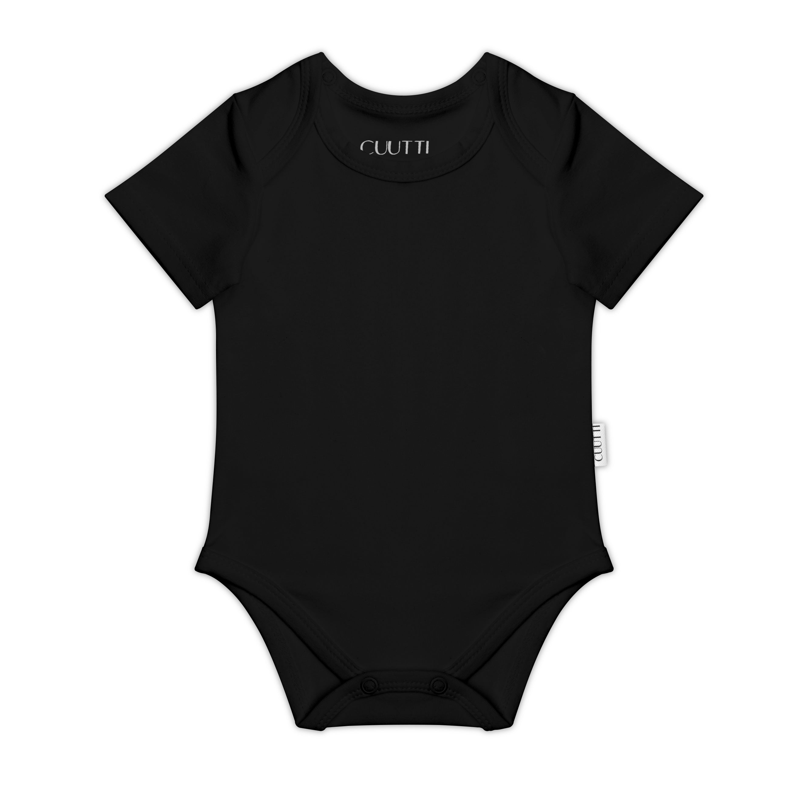 #color_black CUUTTI baby short sleeve bodysuit in black color on a white background.