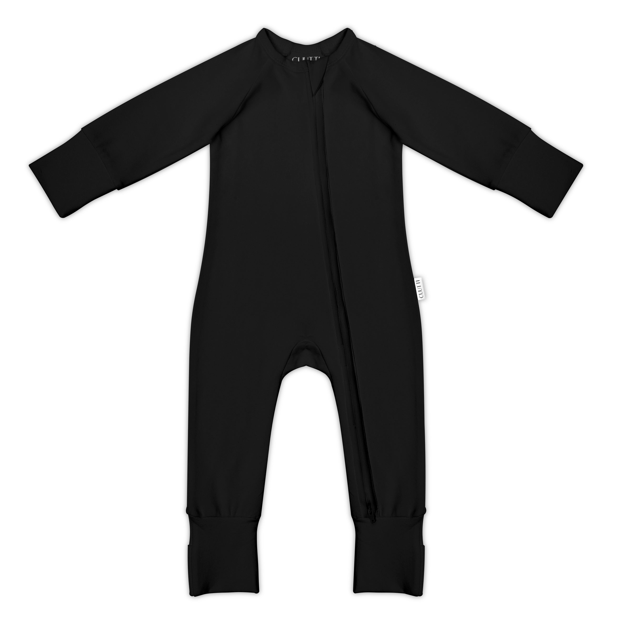 #color_black CUUTTI zipper onesie in black color on a white background.