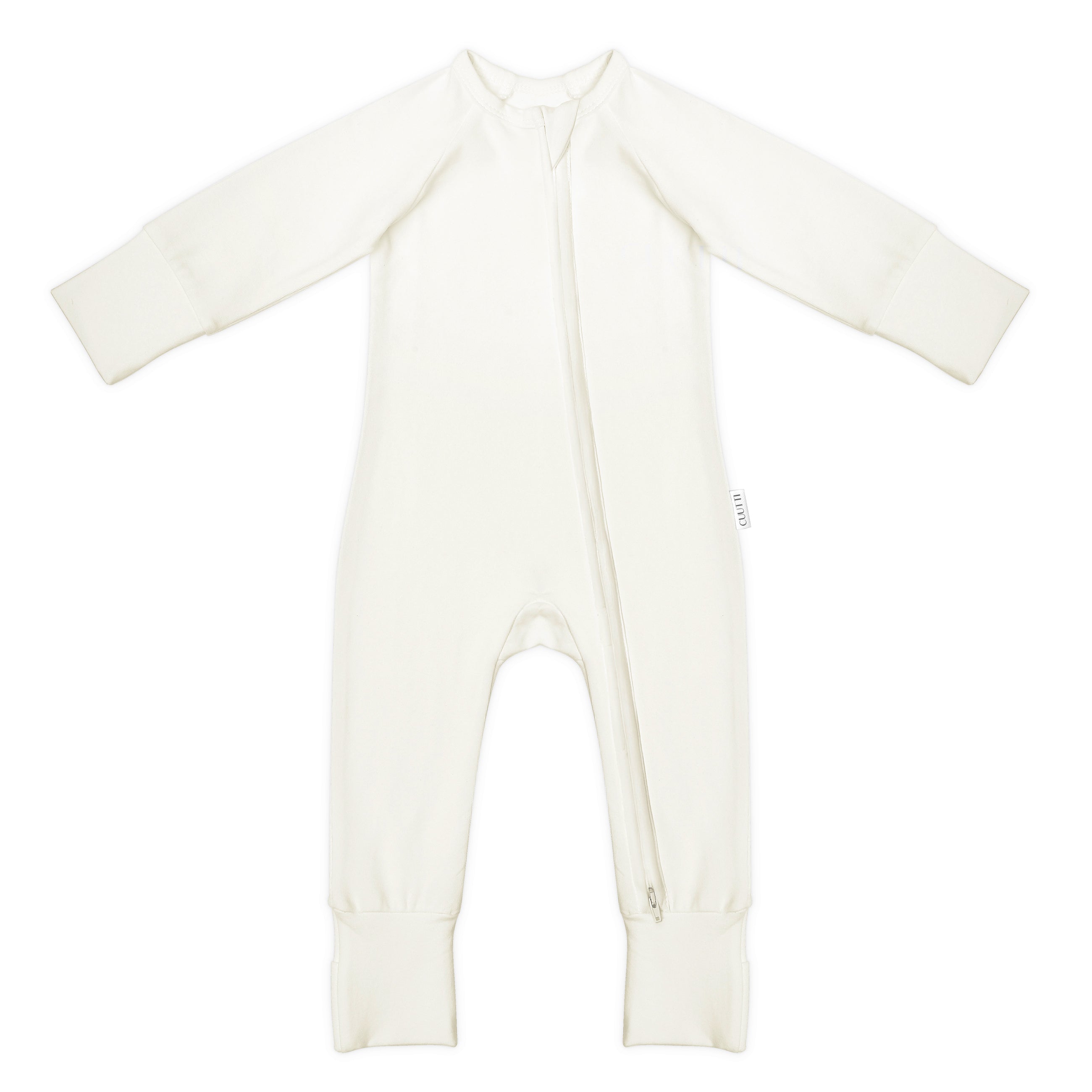 #color_ivory CUUTTI zipper onesie in ivory color on a white background.